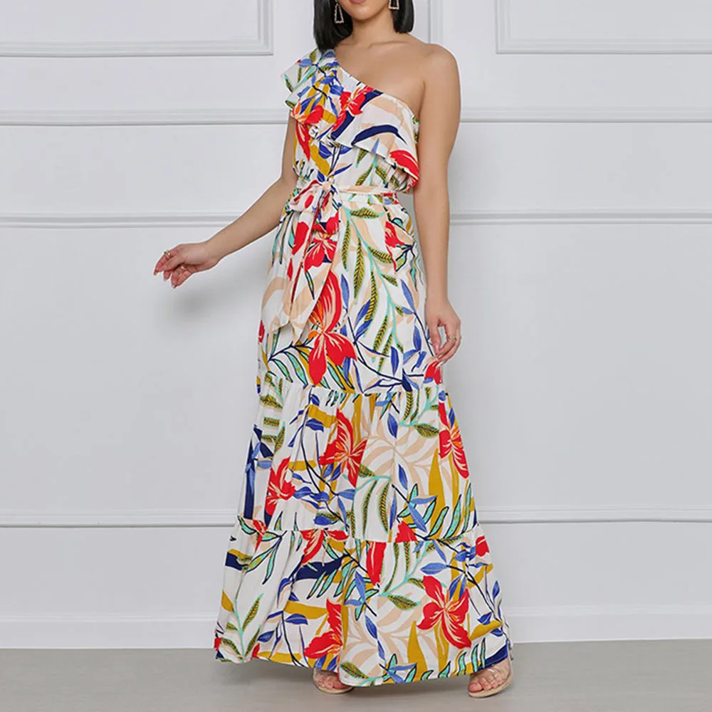 

Western Style Fashion Oversize Summer Dress Casual Design Simple Floral Printing High Waist One Shoulder 2021