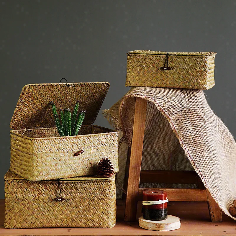 Woven Wicker Storage Bins with Lid Rectangular Seagrass Basket Rattan Sundries Jewelry Towel Storage Boxes Shelf Organizer