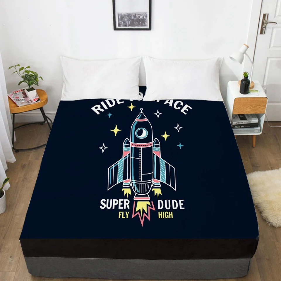 

3D Bed Sheet With Elastic Fitted Sheet Double Mattress Cover 135/150/180/200/160x200 Cartoon Kids Bedding for Baby Boy astronaut