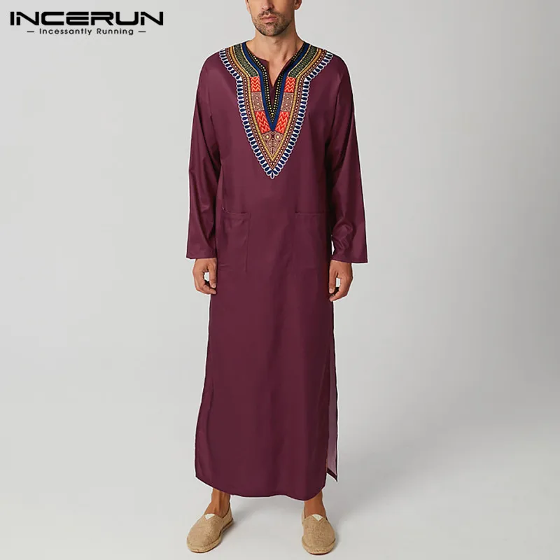 

INCERUN Ethnic Style Muslim Robes Men Long Sleeve V Neck Jubba Thobe Vinatge Printed Robes Loose Pockets Islamic Arabic Clothing