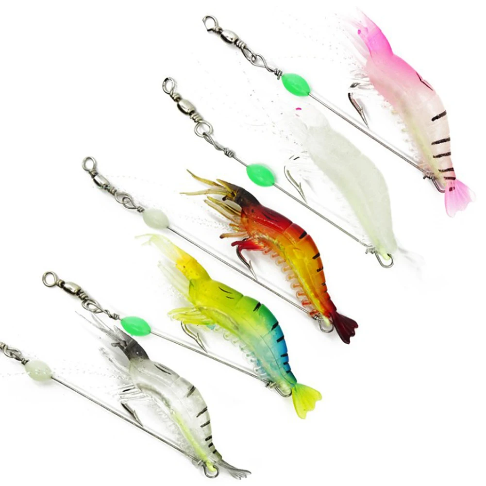 7Pcs/Lot 8cm 5g Luminous Shrimp Silicon Soft Artificial Bait With Hooks Swivels Tackle Shrimp Lure Carp Fishing