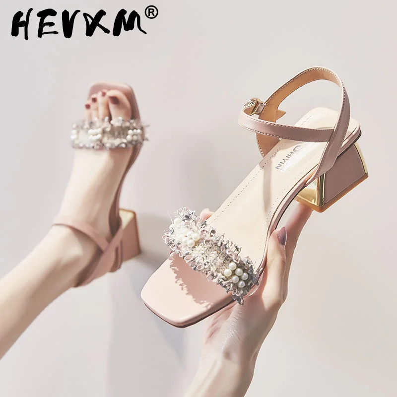 

5CM 2021 Summer Fashion Thick Heel Shallow Mouth Women Sandals Pearl Word with Open Toe High Heel Women's Shoes TWS