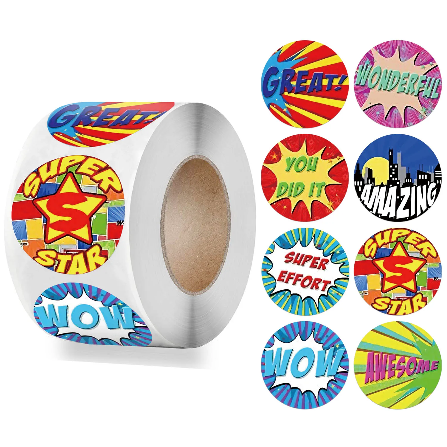 

500pcs/roll Reward Sticker for Kids Cute Pattern With English Words Round Labels Encourage Student Handmade Encourage Sticker