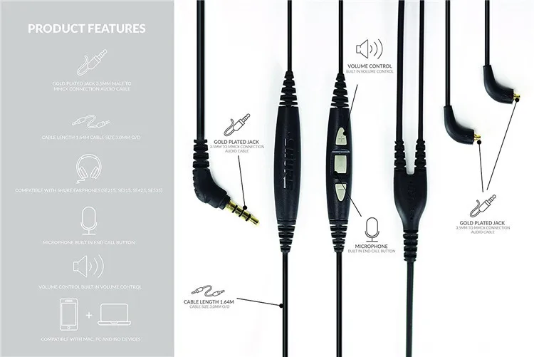 Кабель для наушников Shure SE535 SE215 SE315 SE846 SE425 оригинальный сменный кабель с