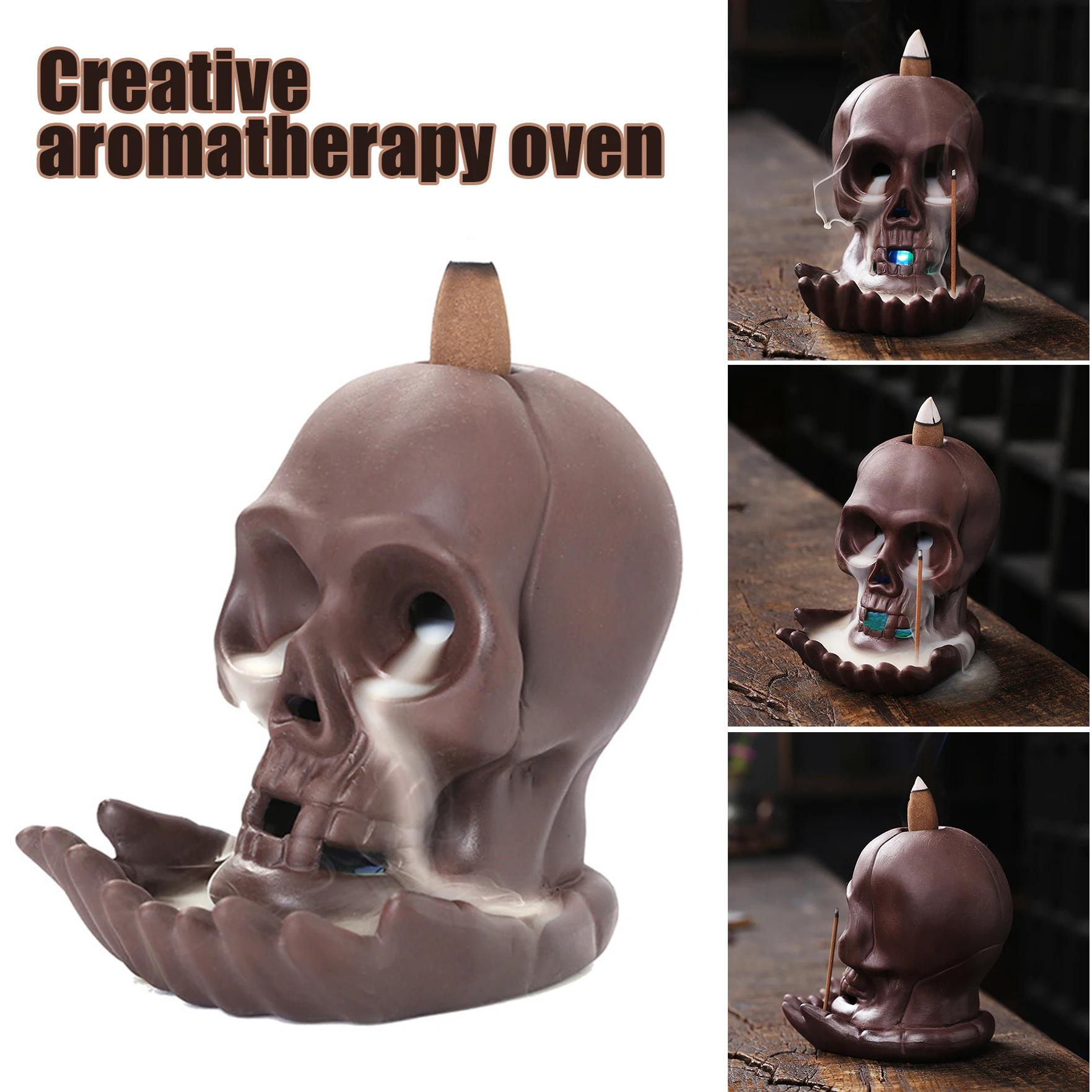 

Handmade Purple Clay Skull Backflow Incense Burner LED Light Ornaments Decor for Home Halloween Gifts DFK889