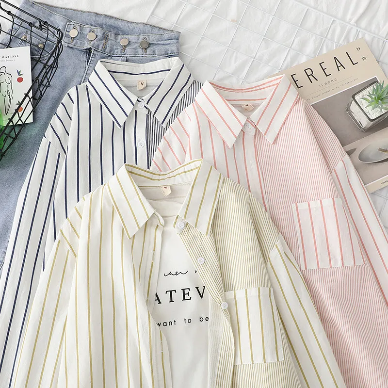Striped Women Blouses Shirts Tunic Womens Tops 2020 Womenswear Long Sleeve Clothing Button Up Down New Fashion Office Lady Good