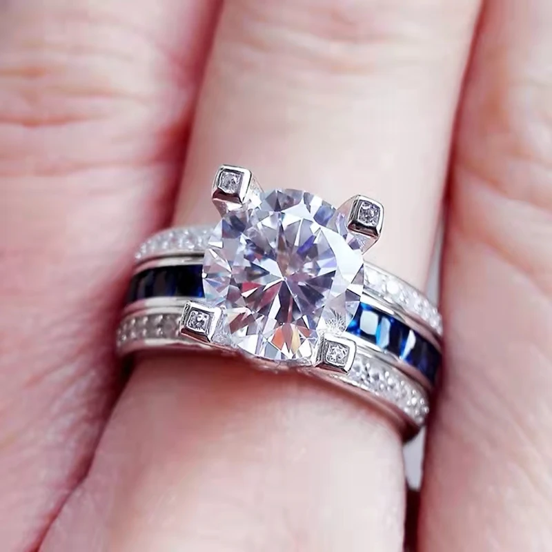 

Luxury Quality Opal Silver Ring Set Opal Zircon Design Women Ring Four Prong Setting Cubic Blue Imitation Opal Wedding Ring Set