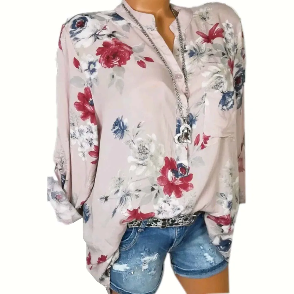 Женские блузки 2019 цветочный принт длинный рукав отложной воротник женская