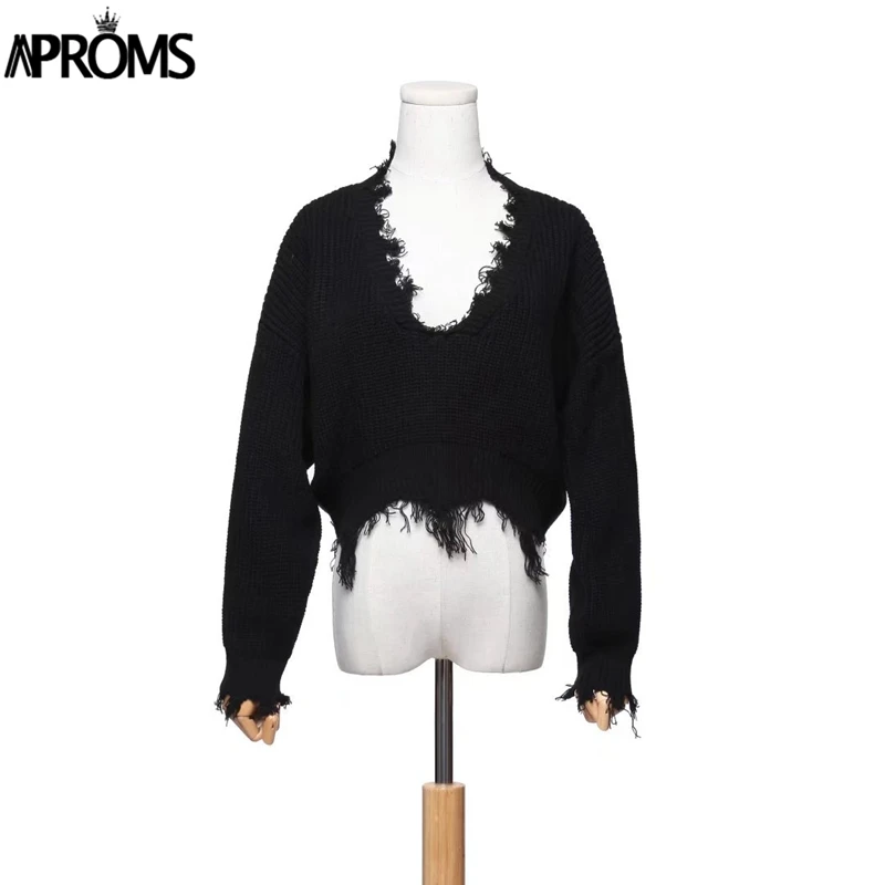 Aproms Tassel Deep V Knitted Pullover Female Autumn Winter White Long Sleeve Knit Crochet Sweaters Women Cropped Jumper Pull Top | Женская
