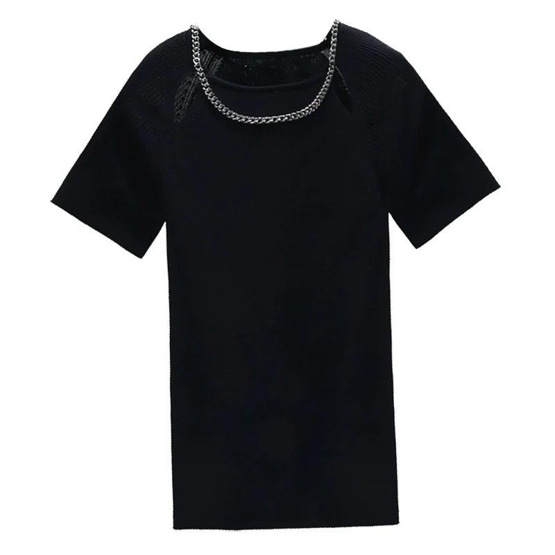 

Knitted T-shirt for Woman Black White Short Sleeve T-shirt Female Summer Fashion Top Women Summer Knitted Tees Slim Tshirts Tops
