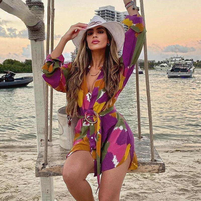 

Floral Print Long Sleeve Dress Women A Line with Belt Beach Summer Spring Sexy V Neck Casual Loose Mini Dresses Holiday Female