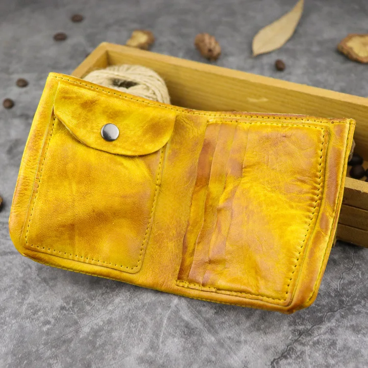 Yellowish-brown Винтажный кошелек ручной работы для мужчин из натуральной воловьей кожи Короткие Двойные кошельки Кошелек держатель для карт с монетницей Карманный Кошелек мужской - Цвет: Yellowish-brown