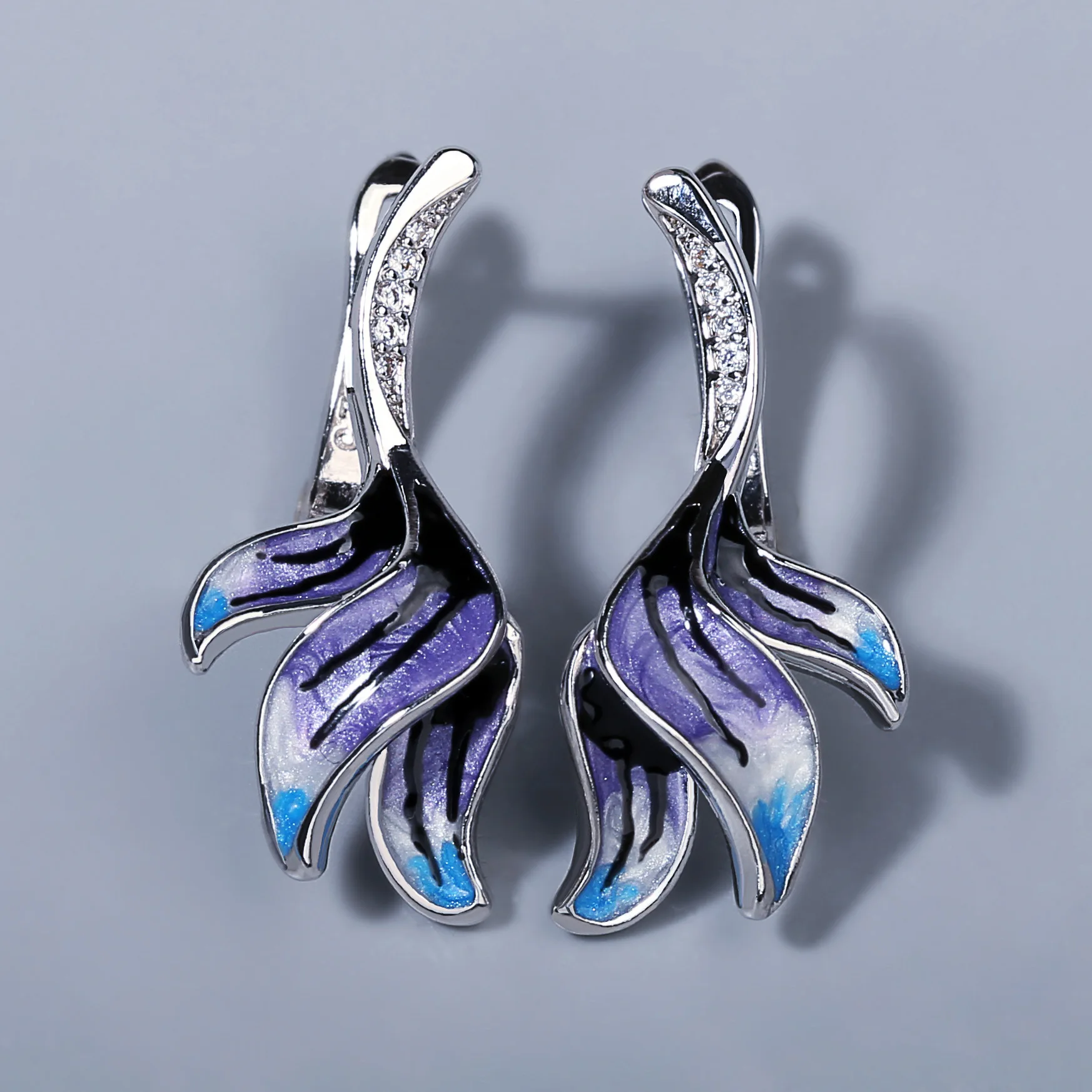 New Style Long Beautiful Flower Shape Earrings Violet Epoxy Handmade Enamel Ladies Earrings 925 Silver Ladies Jewelry
