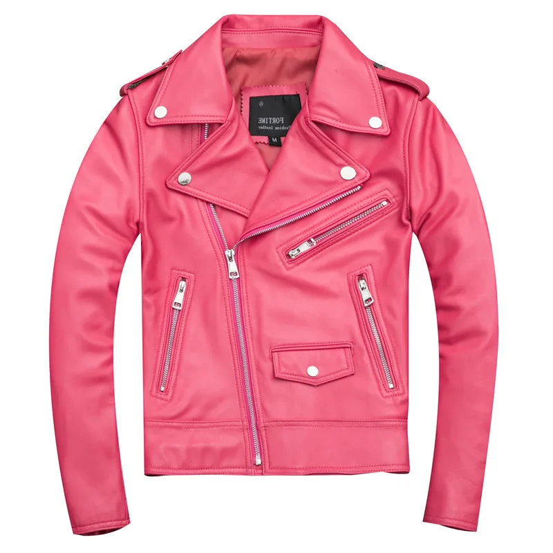 

2020 Pink Women Slim Fit Biker's Jacket Plus Size XXXL Genuine Sheepskin Spring Girls Short Motorcycle Leather Coat