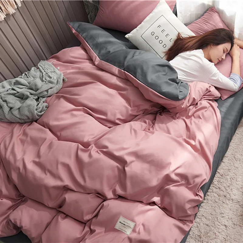 Solid Color Bedding Set Cotton Sanding Double Spell 4pcs Bed Sets Bedclothes Duvet Cover Sheets Pillowcase Comfortable Coverings | Дом и сад