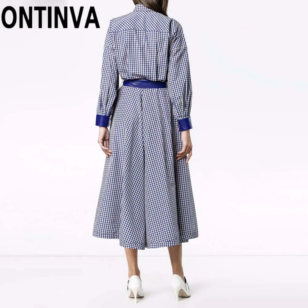 Распродажа синее клетчатое платье рубашка с длинным рукавом офисное женское