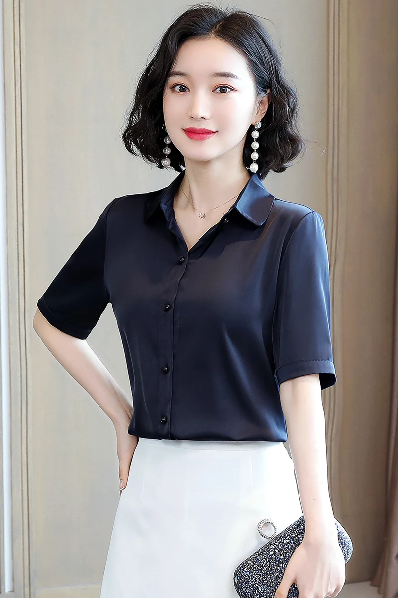 

Summer Korean Fashion Satin Women Blouses Office Lady Shirt and Blouse Short Sleeve Womens Tops Loose Blusa Feminina