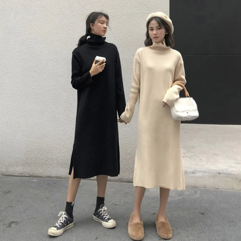

Turtleneck Sweater Dress Winter Female New Fashion Long Soft Warm Side Split Loose Women Thick Knitted Dress JK290