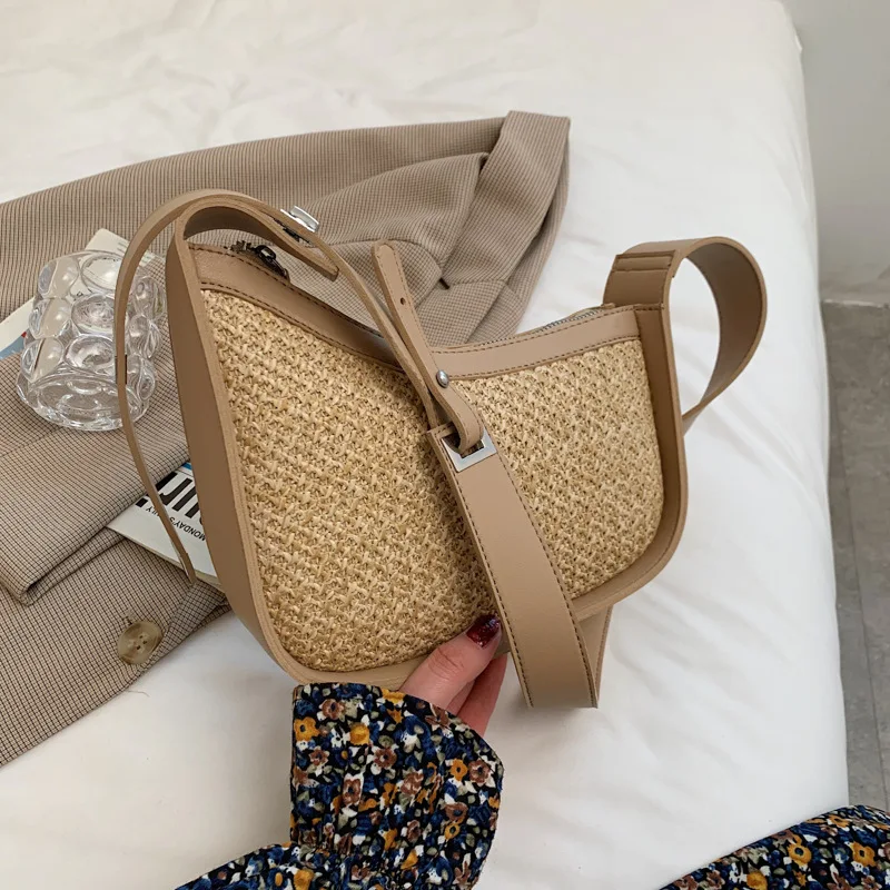 

Korean Casual Ladies Straw Woven Shoulder Bag 2021 New Trendy Fashion Zipper Underarm Bag Hot Sale Net Red Shoulder Bag