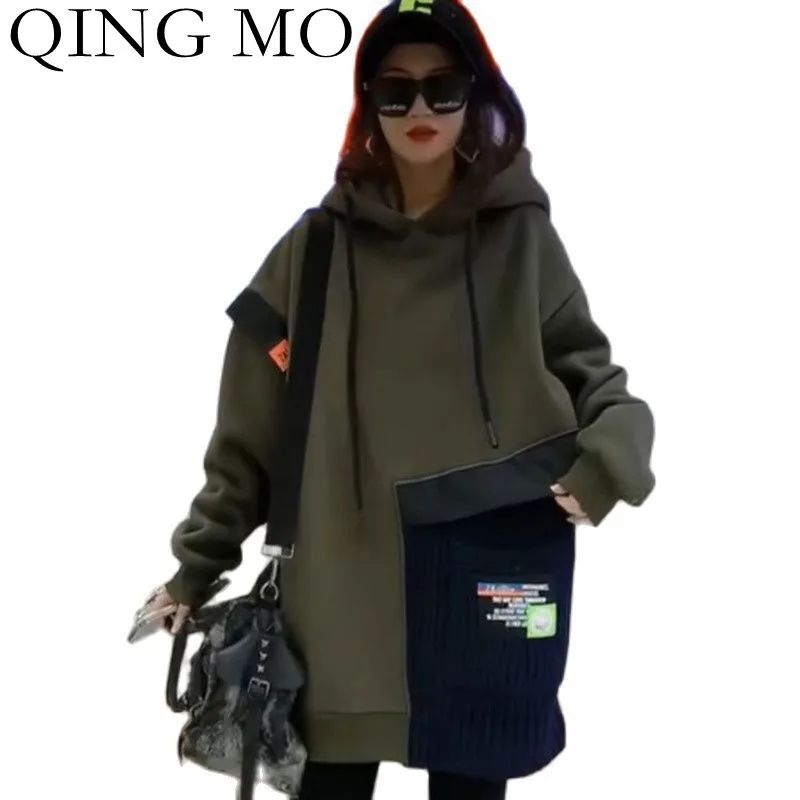 

QING MO 2021 Winter New Plus Velvet Thick Hooded Sweatshirt Women Fashion Knitted Stitching Large Size Long Women Hoodie ZWL1795