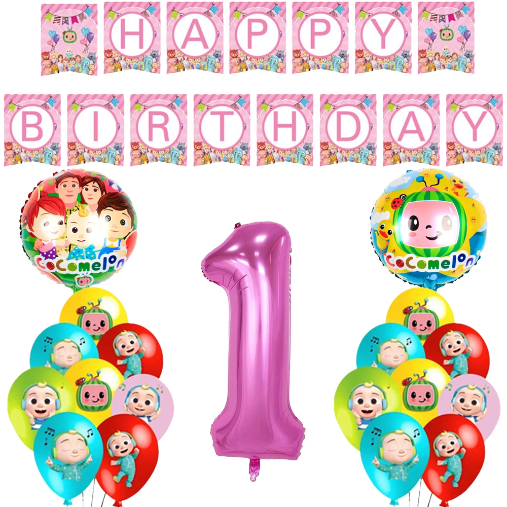 

Cocomelon Pink Theme Disposable Tableware Girl Birthday Party Decoration Paper Plates Cups Banner Kids Baby Shower Favors Set