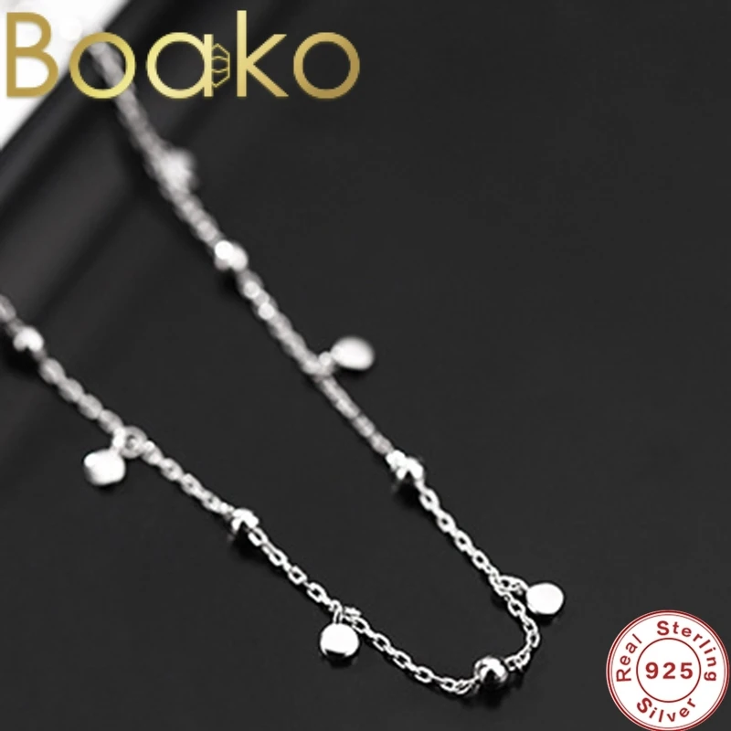 

BOAKO 925 Sterling Silver Delicate Jewelry Round Bead Discs Choker Necklace for Women Party Clavicle Chain Necklace Gifts