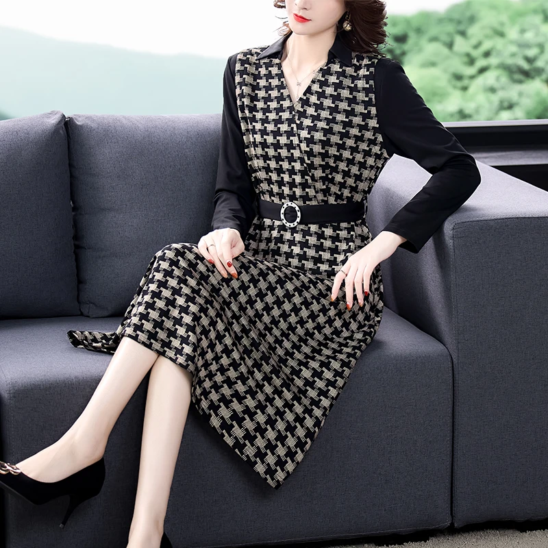 

LUKAXSIKAX 2020 New Spring Autumn Women Slim Dress High Quality Fashion Patchwork Long Sleeve Houndstooth Vintage Dress