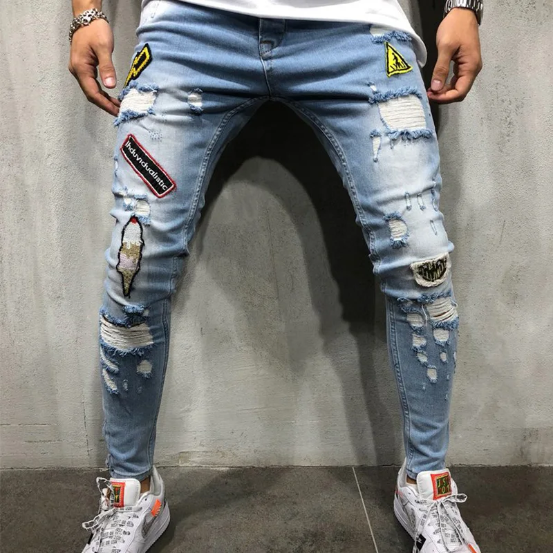 

European and American Style New Hip Hop Tight Men's Jeans Slim Hole Denim Pencil Pants Blue Black High Quality Man Trousers