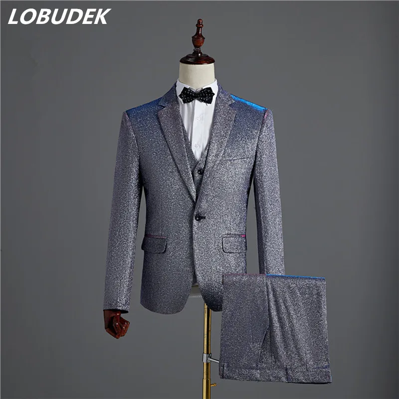Gold Purple Blue Gray Bright Wire Blazers Formal Men's Suits (Jacket+Vest+Pants) Fashion Wedding Groom 3-Pieces Set Prom Suit | Мужская