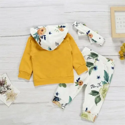 

Autumn Winter Newborn Baby Girl Winter Clothes Floral Hooded Tops Long Pants 3PCS Outfits