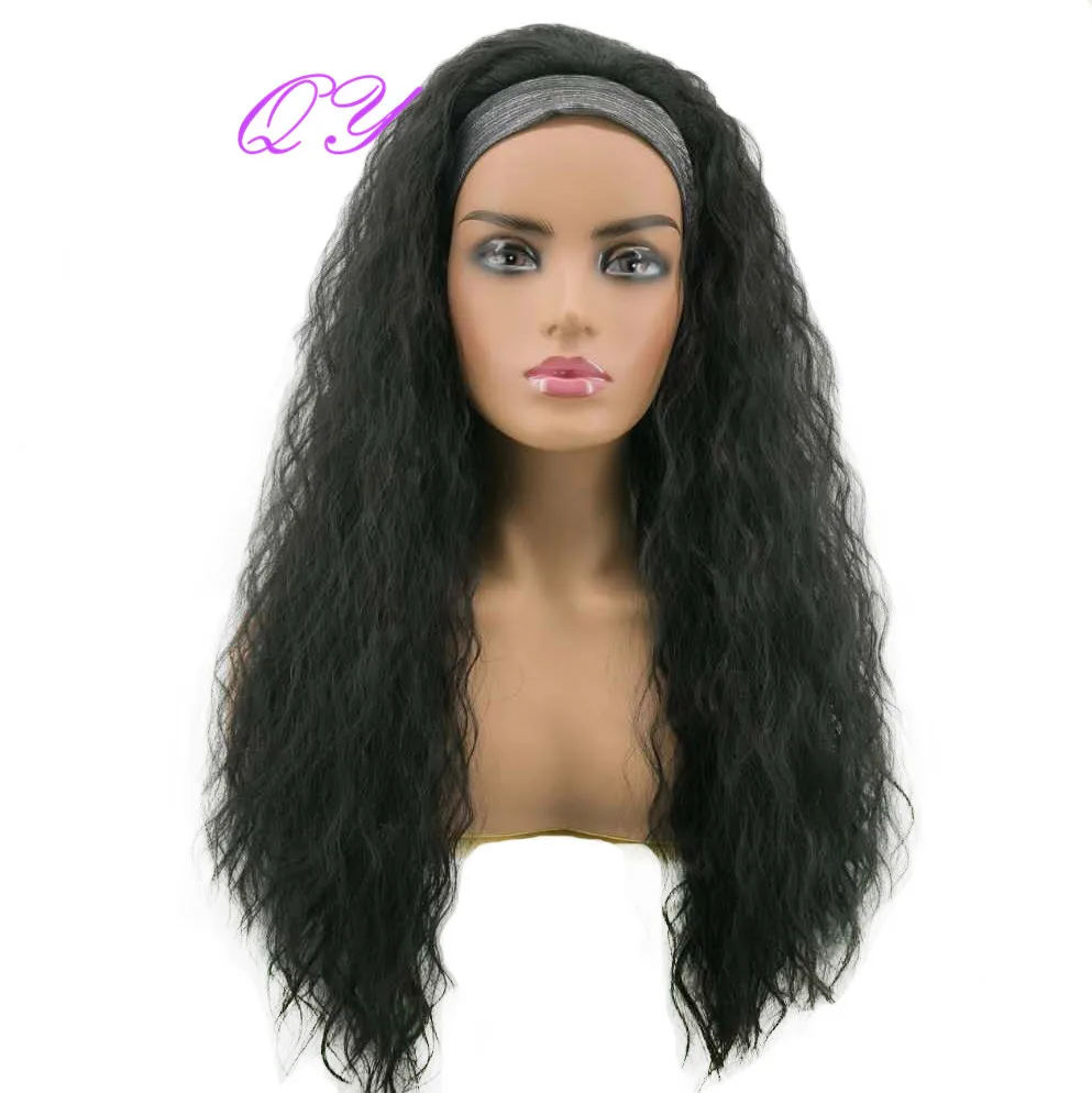 

QY Hair Synthetic HeadBand Wig Omber Brown Hair Wigs Blue Turban With High Temperature Fiber Hair for African Women