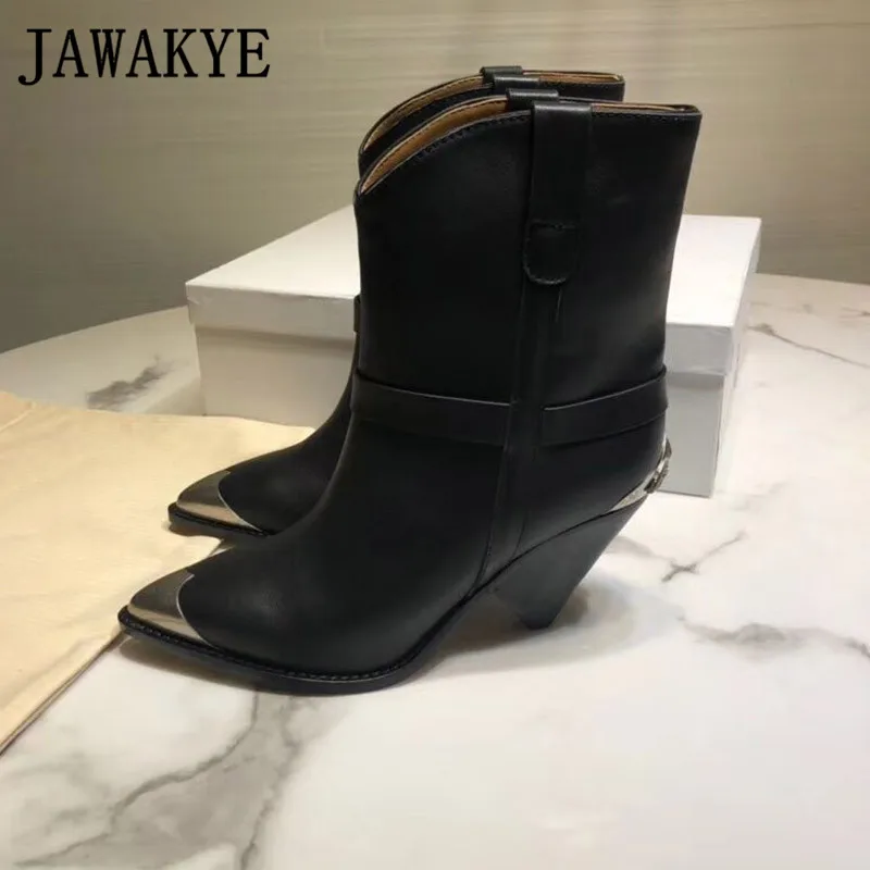 Metal decor pointed toe ankle boots genuine leather spike high heel slip-on chelsea boots runway shoes women cowboy boots