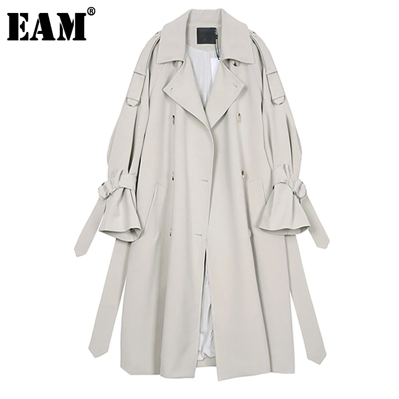 

[EAM] 2022 New Spring Autumn Lapel Long Sleeve Gray Waist Bandage Big Size Long Windbreaker Women Trench Fashion Tide JR677