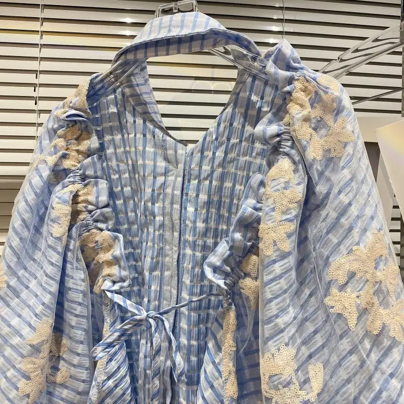 

2021 Summer New Long Sleeve Outer Mesh Embroidered Backless Drawstring Shirt Top Loose Shorts Plaid Personality Two Piece Suit