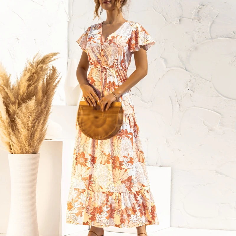 

Women's V-Neck Bohemian Summer Drawstring Belt Retro Printed Long Dress