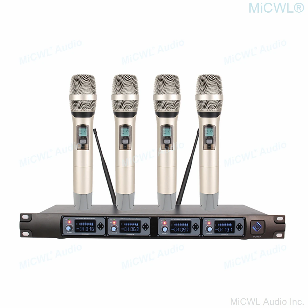 저렴한 MiCWL Professional UHF 4 채널 다이나믹 핸드 헬드 마이크 시스템 무선 DJ 가라오케 무대 노래 세트 3 년 보증