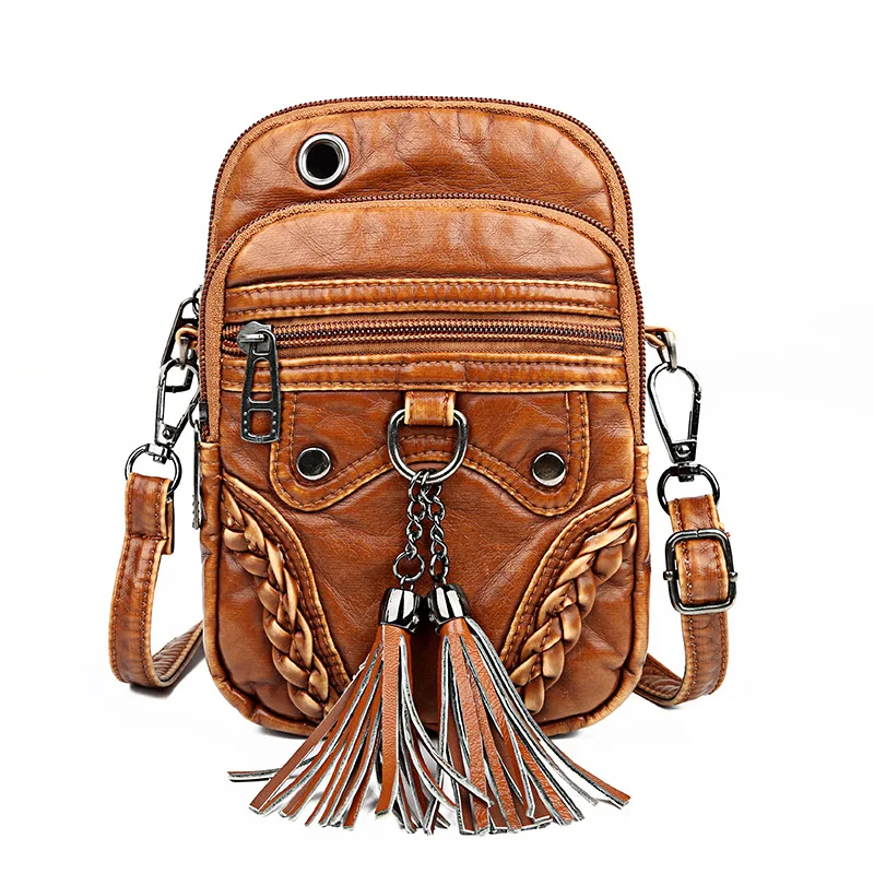 

Women Tassel Mini Phone Bag Washable Shoulder Bags For Girl Crossbody Bags Small Retro Handbag Zipper Purses PU Leather Flaps