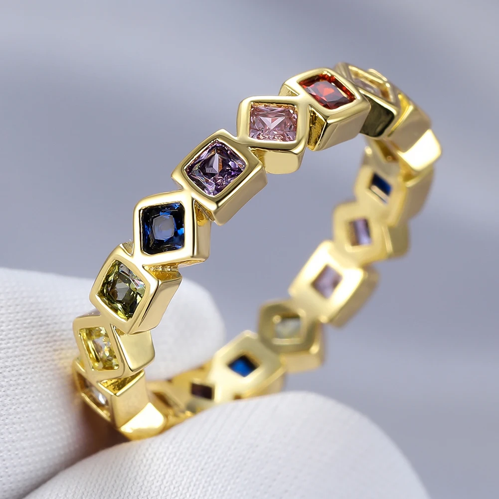 

Luxury Design 18K Gold Rainbow Zircon Ring for Women Geometric Trendy Gemstone Ring Female Wedding Party Birthday Jewelry
