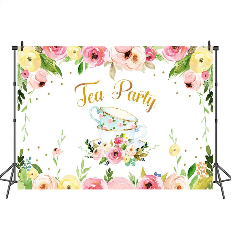 

Tea Party Backdrop for Photo Flowers Children Newborn Bithday Party Baby Shower Banner Background for Decoration Supplies