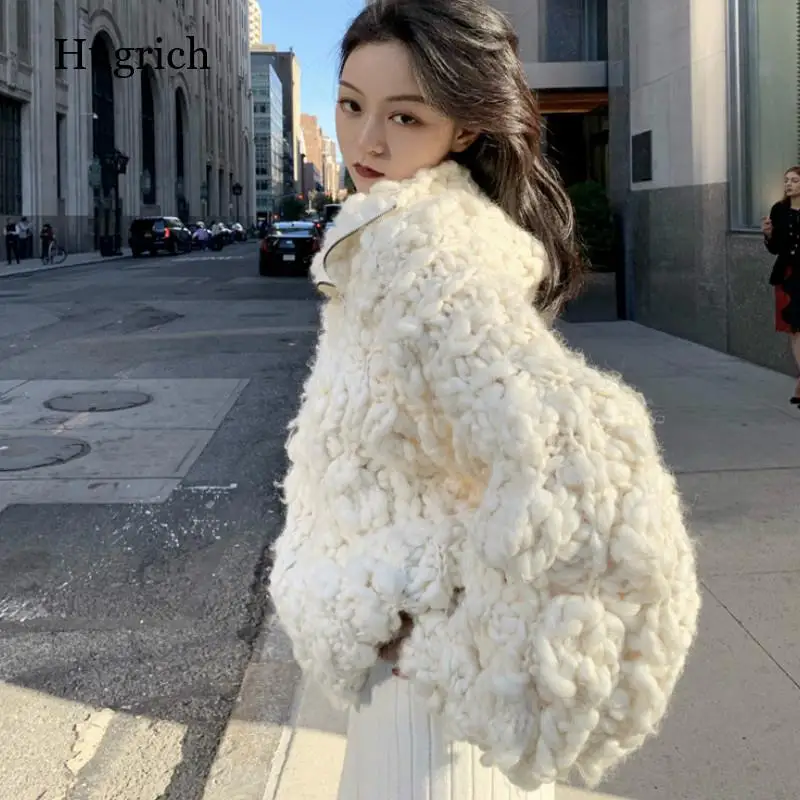 

Winter Zipper Knitted Cardigan Yarn Balls Crocheted Sweater Coat Wool Hook Flowers Stand Collar Jacket Crop Tops Sueter Mujer