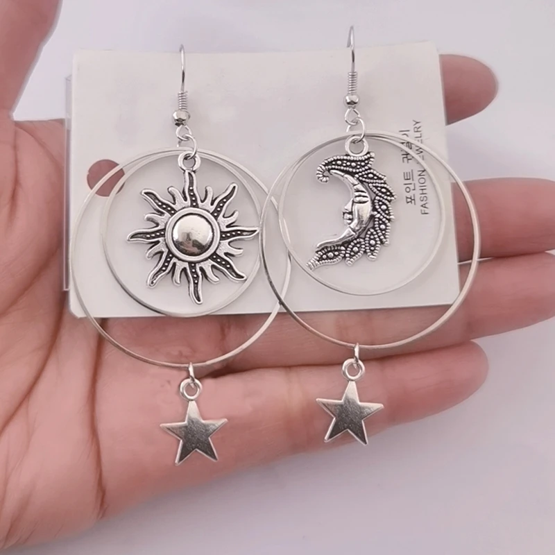 The Sun Moon Star Earrings Tibetan Silver Drop Hoop EarringsBoho Pagan Gift Celestial | Украшения и аксессуары