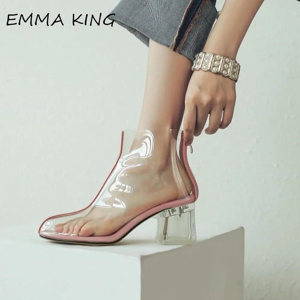 

EMMA KING Sexy Transparent Clear PVC Ankle Boots Zipper Kitten Heels For Women Pointed Toe Rain Shoes