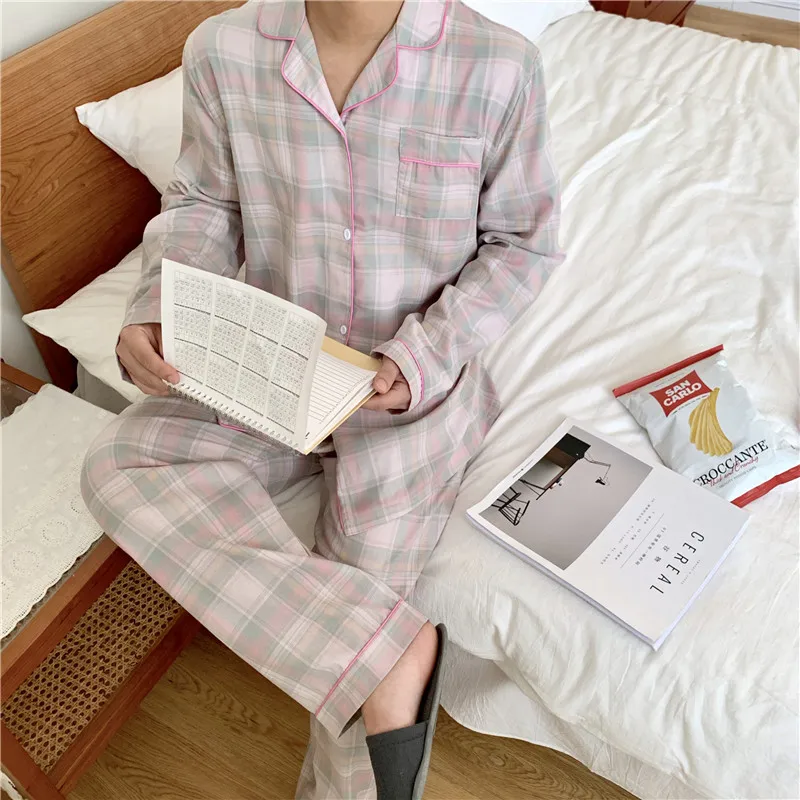 

Alien Kitty 2021 New Nightwear Gentle Plaid Two Pieace Suit Cotton Homewear Soft Casual Loose Fashion Long Sleeves Pajamas Set