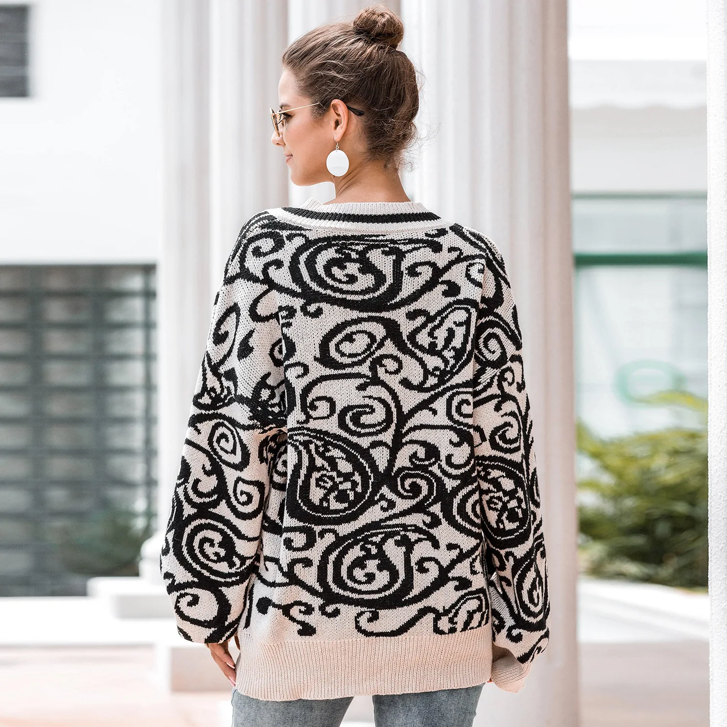 Daily OWLPRINCESS 2020 Women's Autumn Fashion Casual Loose V-neck Lantern Sleeve Printed Pullover Sweater | Женская одежда