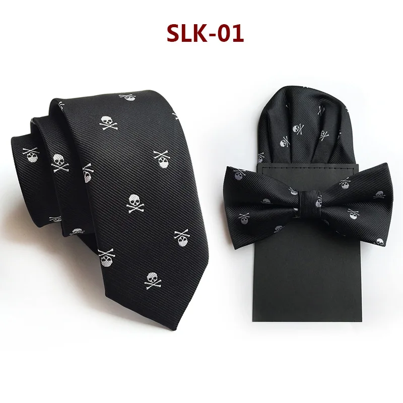 Adult Tie 6CM Skinny Tie 100% Silk Necktie Skull Bowtie Paper Avoid Fold Hanky Set Halloween Cravat Handkerchief Bow Tie Suit