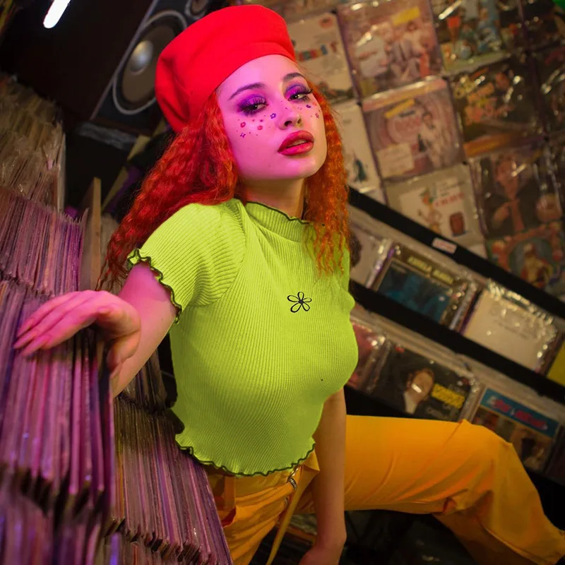 Харадзюку зеленая Цветочная вышитая укороченная футболка для женщин весна 2020