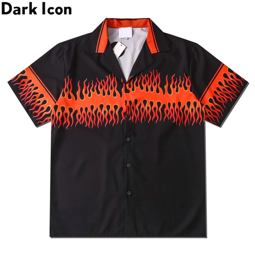Icona scura camicia hawaiana arancione fiamma camicia uomo estate Vintage Street camicia uomo camicetta