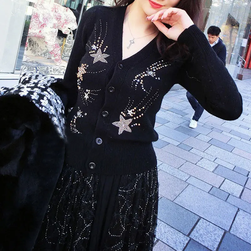 Роскошный кардиган с вышивкой бисером женский свитер весна 2019 Новый однобортный