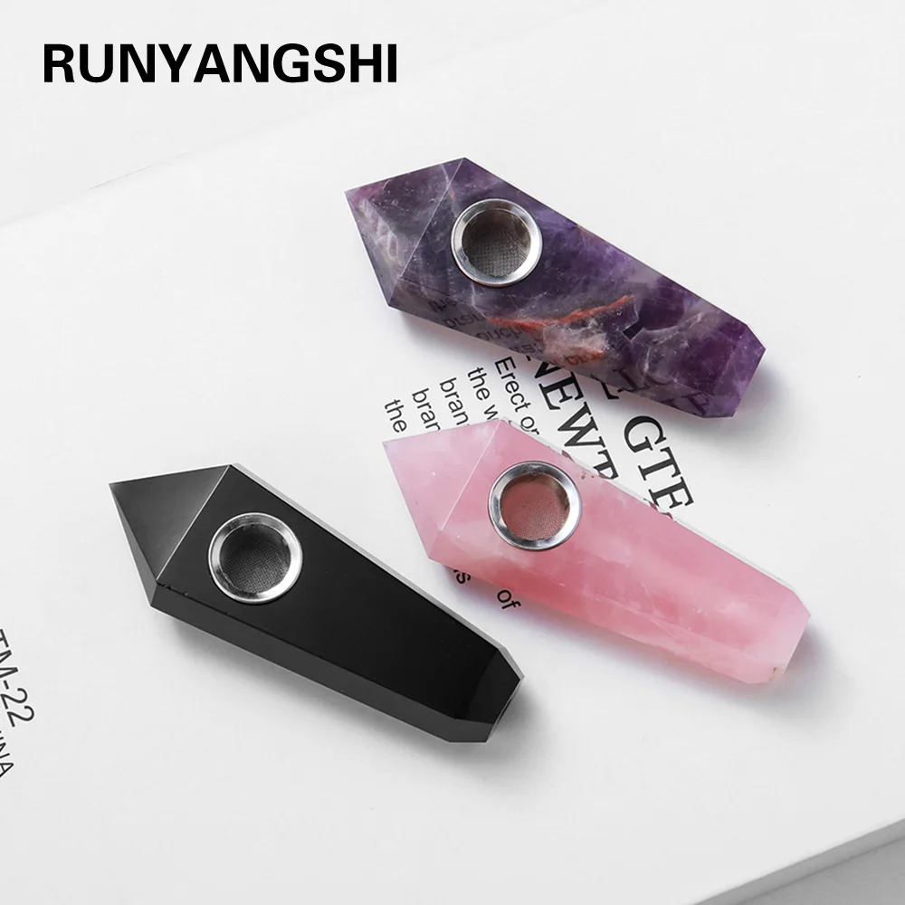 

3inch Natural Rose Quartz Crystal Smokey Pipe Amethyst GemStone Smoking Tube Healing Point Gifts box 1PC