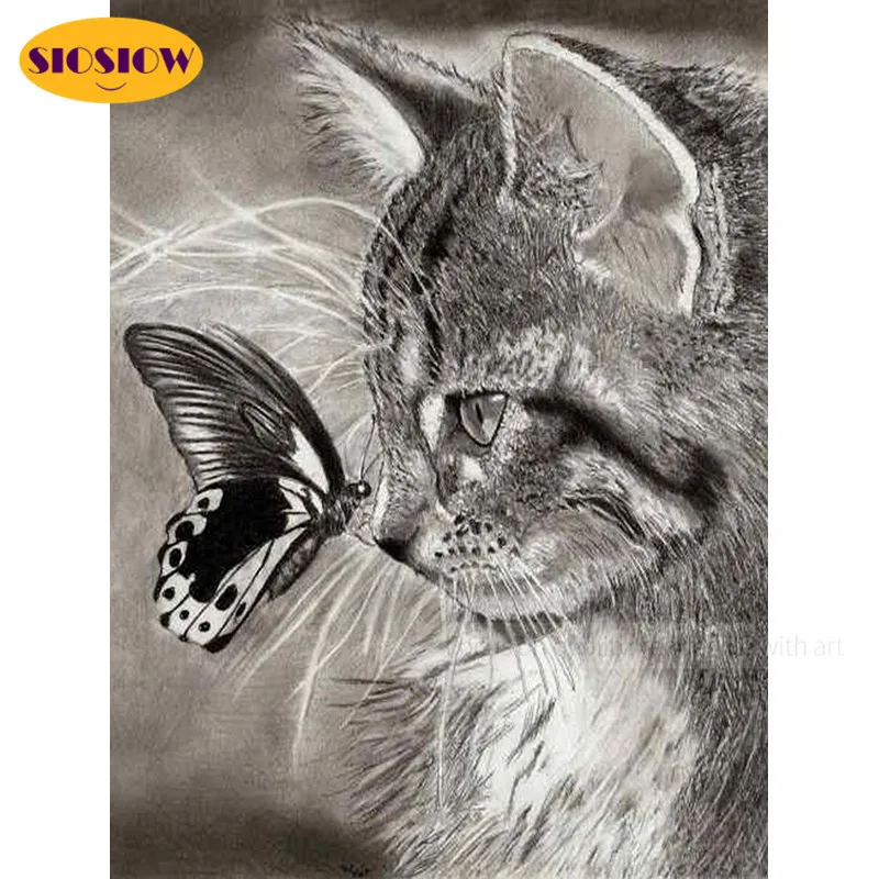 5d Diy Алмазная вышивка крестиком черно-белая кошка бабочка полная круглая дрель
